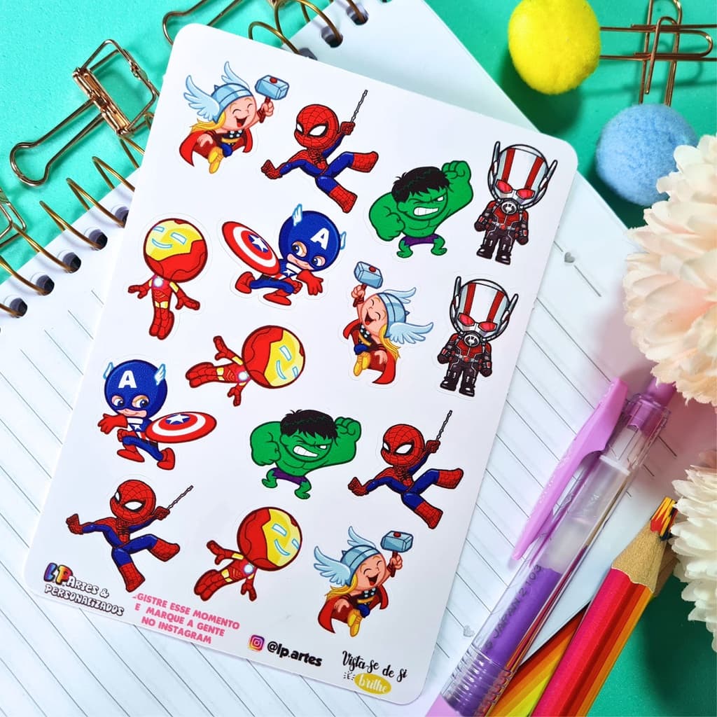 Vingadores Cartela Adesiva Vinil Heróis Heroínas Liga da Justiça Super Herói