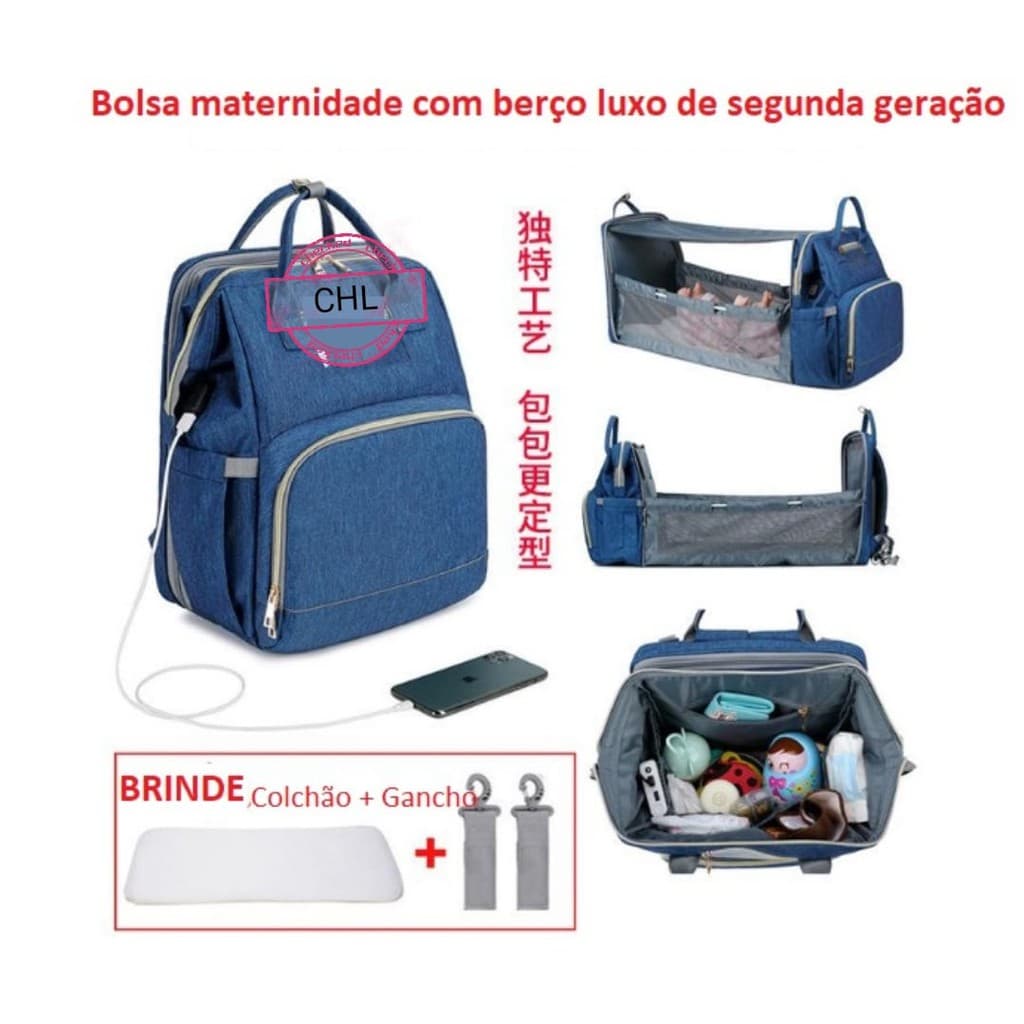 Mochila Maternidade Impermeável USB Vira Berço com Trocador PROMOÇÃO - 8287