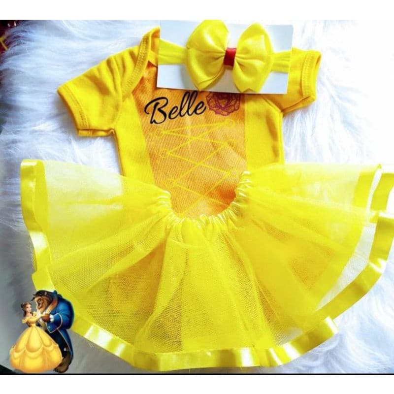 Kit Body Saia Laço Temático Bebê Mêsversário Infantil Bela e a Fera