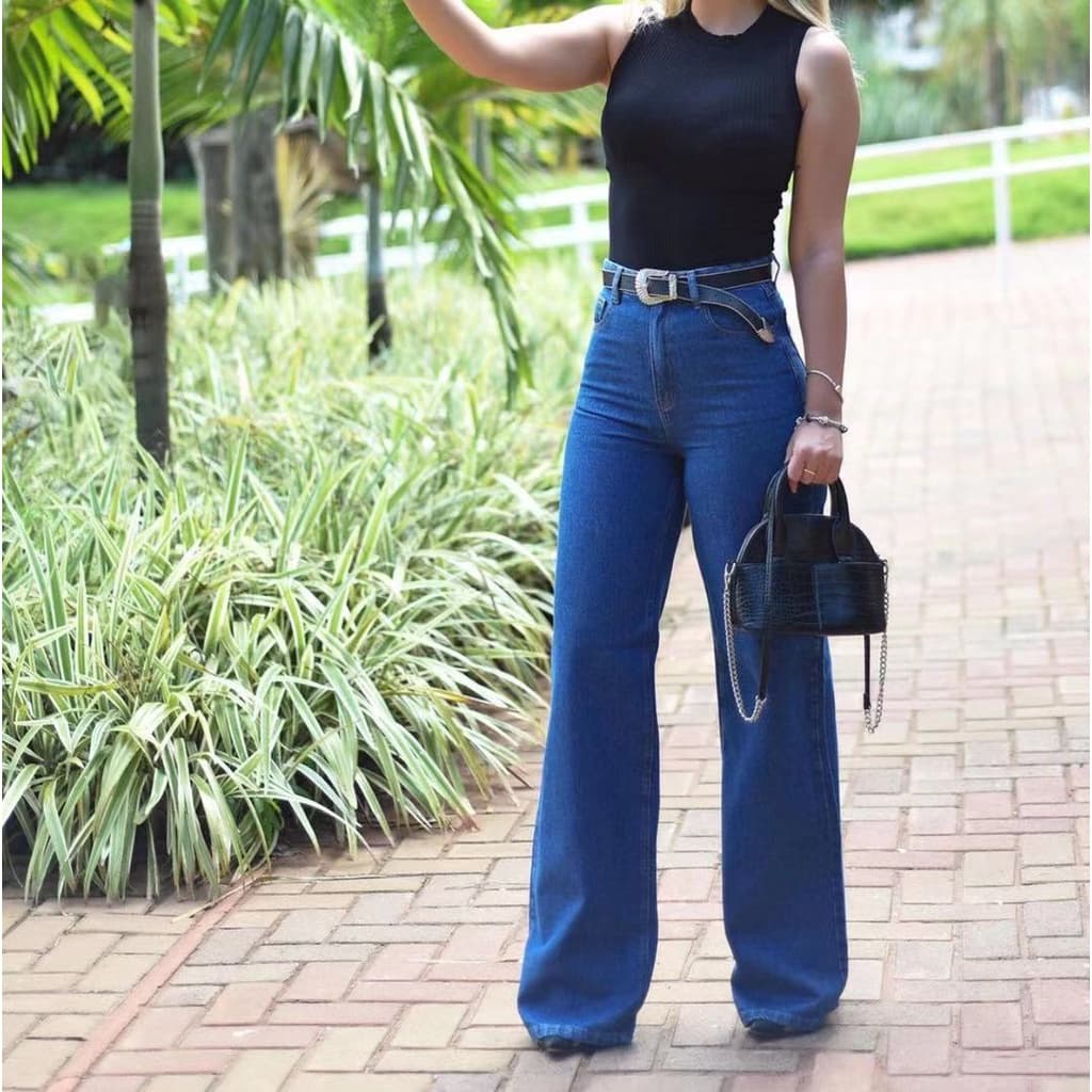 Calça Wide Leg Pantalona Jeans Feminina