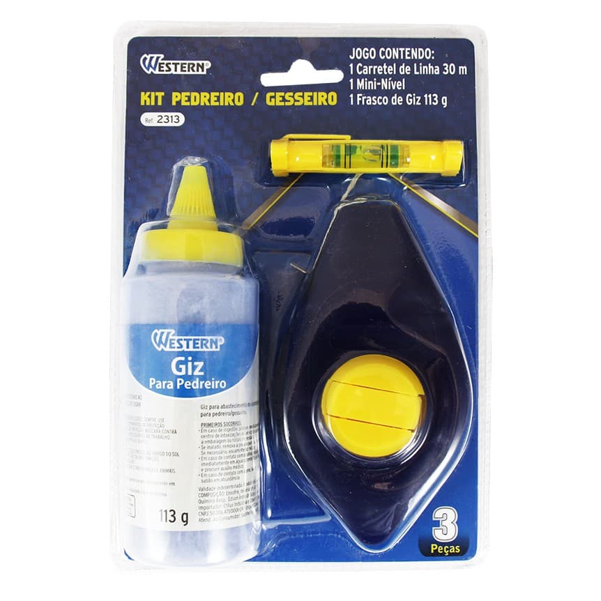 Kit Pedreiro Gesseiro 3 Peças Giz Linha E Nível