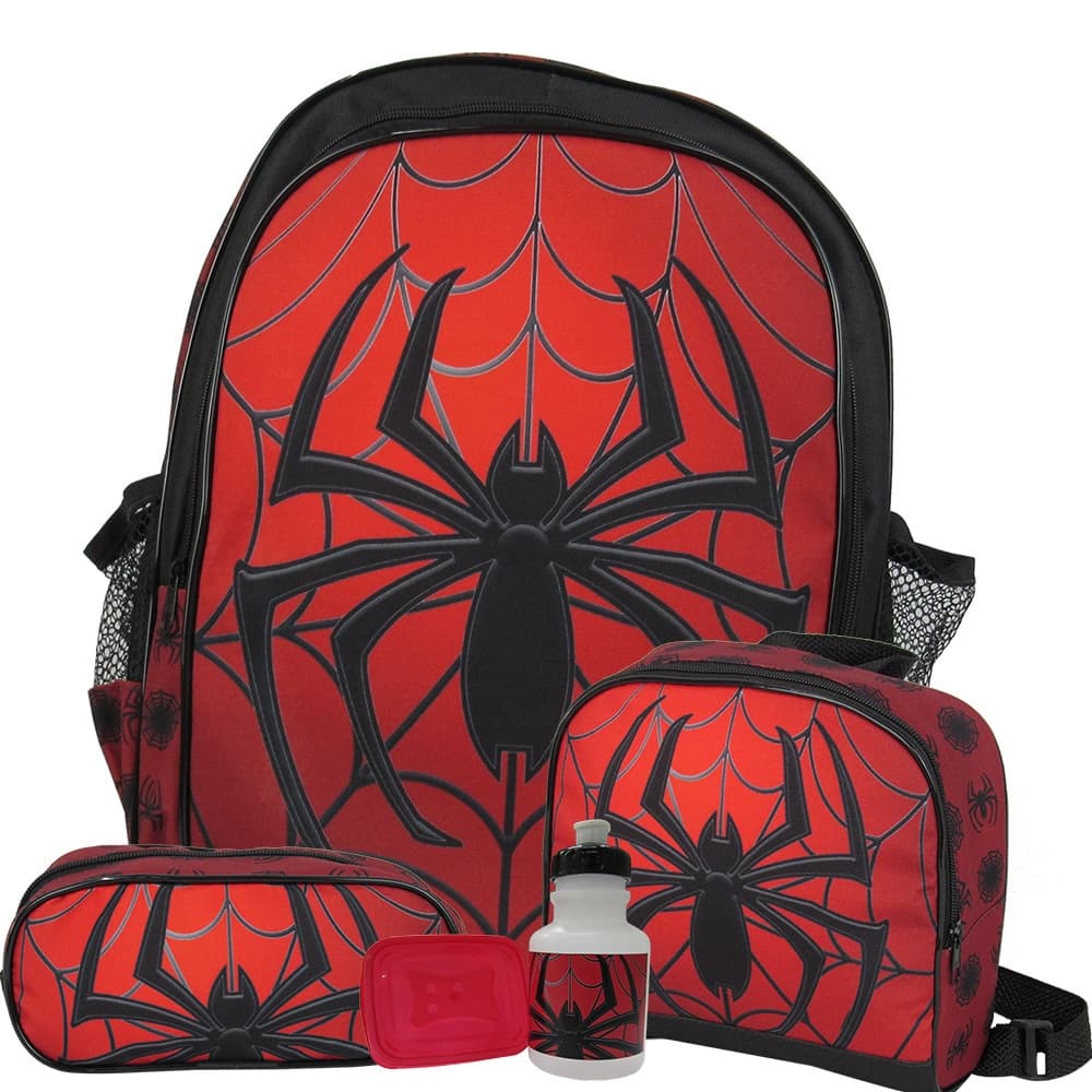 Mochila Escolar Infantil Spider Aranha de Costas Kit Completo com Lancheira Estojo Garrafa e Pote