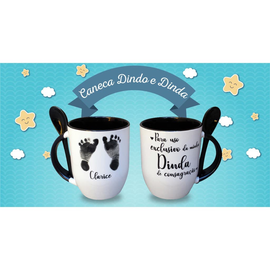 Caneca Preta com Colher Presente Batizado Madrinha / Dinda