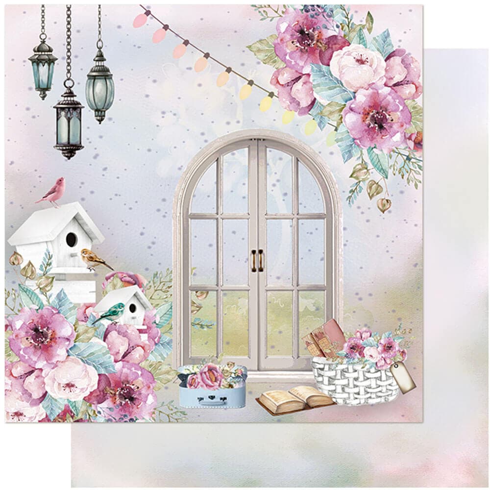 Papel Para Scrapbook Folha Dupla Face Janela, Flores, Casinha, Pássaros, Livro Litoarte SD-1098 30,5x30,5