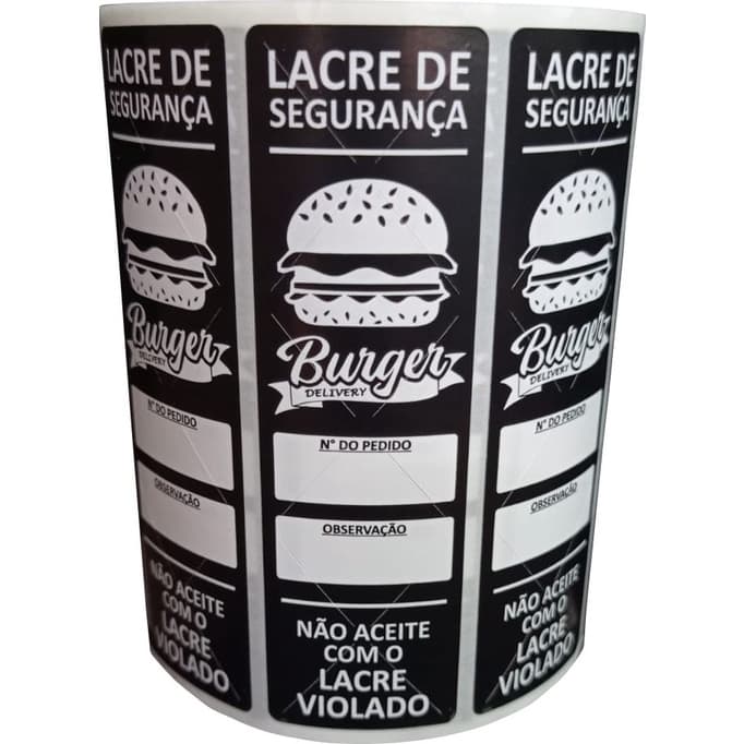 Lacre de Segurança Adesivo Delivery 10x3 cm 1.000 Und - Hamburgueria Sanduíche Preto