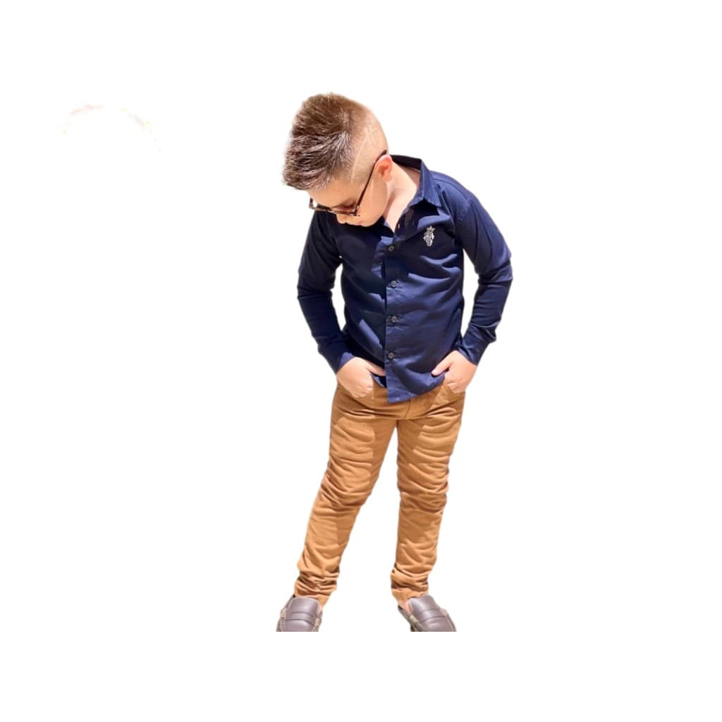 Roupa Social Infantil Menino Calça Caramelo + Camisa Manga Longa Azul Marinho Casamento