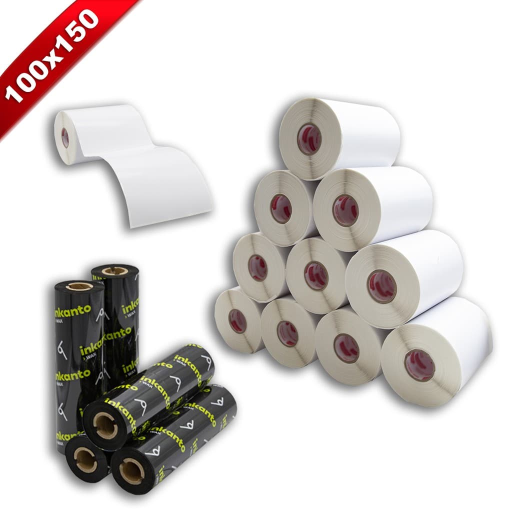 Kit 10 Rolos Etiqueta 10x15 100x150 Couche Adesiva Serrilha + 5 Ribbons Cera 110x74 para E-Commerce (200 etq/rolo)