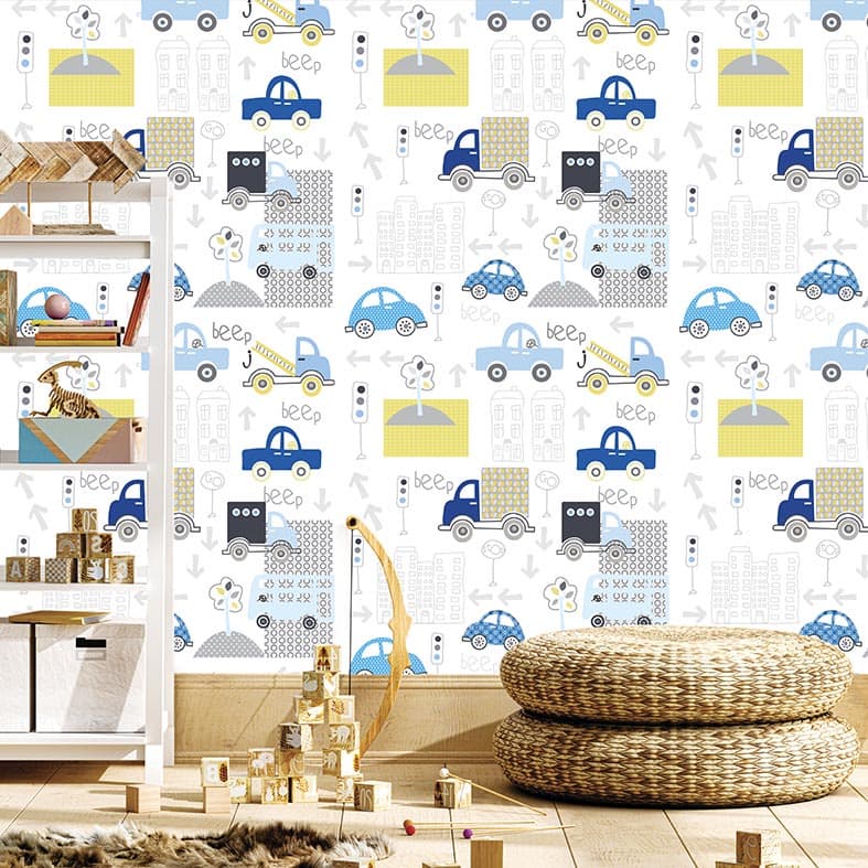 Papel de Parede Adesivo Infantil Carrinhos Azul E Amarelo 3mx50cm