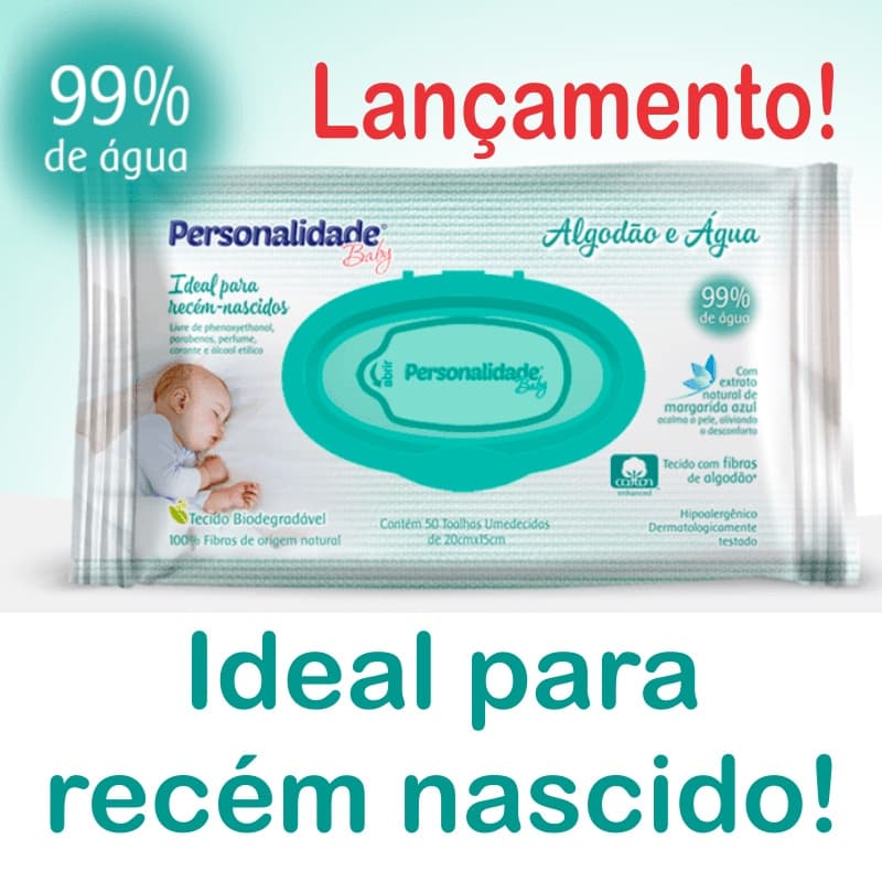 Toalha / lenço Umedecida Algodão E Agua Personalidade Baby p/ Recem Nascido Sem Cheiro com 50 un