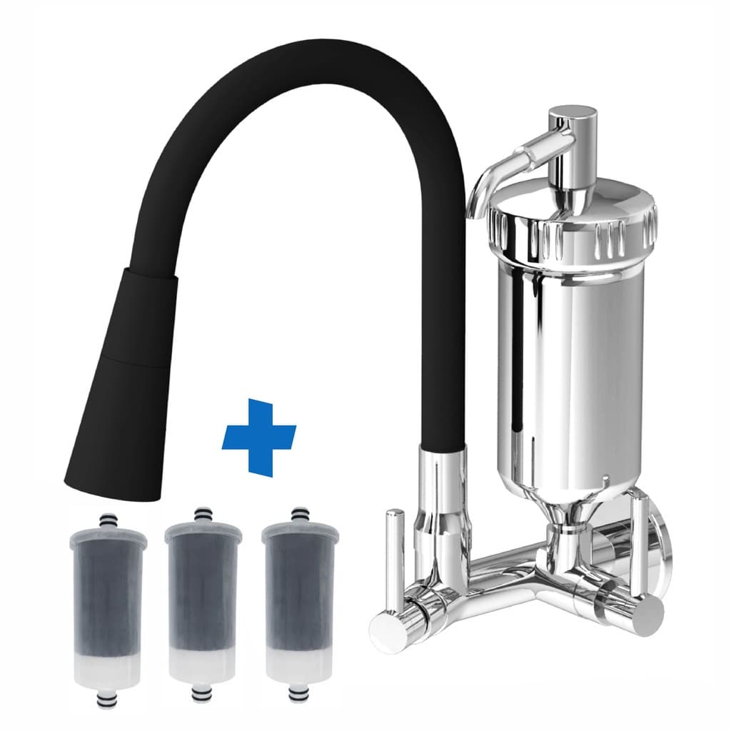 Torneira Com Filtro Parede Cozinha + 2 Refil Pro-Saúde Filtro Tubo Móvel  2 Jatos