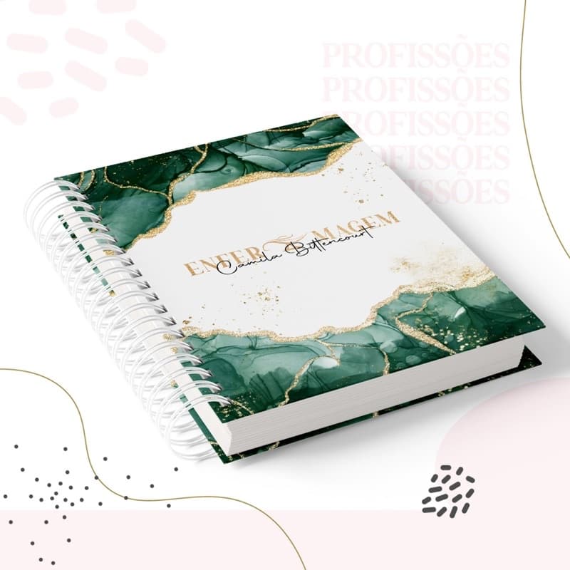 Caderno de Enfermagem Personalizado com elástico profissões pautado Marmorizado Verde capa Dura