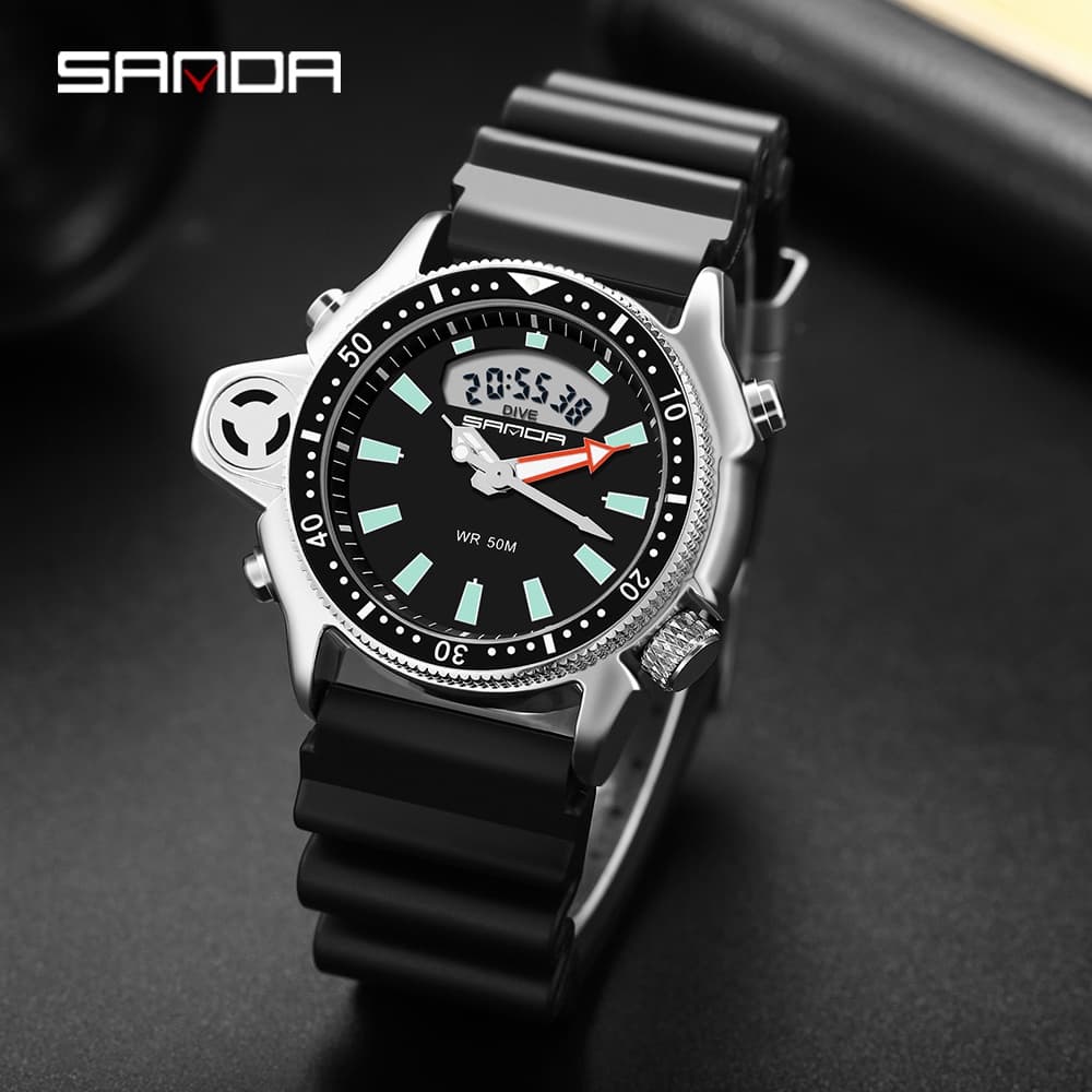 SANDA Fashion Casual Masculino Relógio Esportivo À Prova D 'Água Dual Display Estilo Masculino Relógio Militar