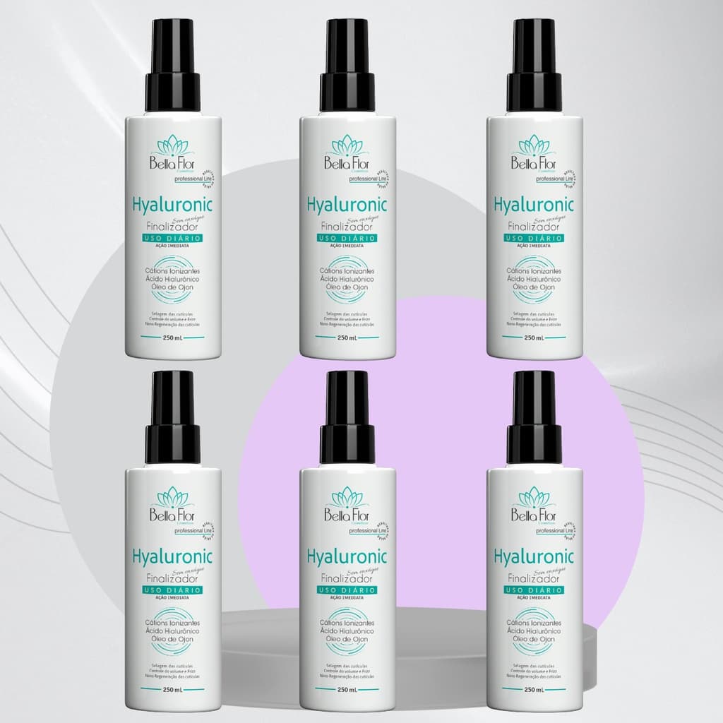 Kit 6 Spray Finalizador Hyaluronic 250ml Reparador Anti-Frizz Sem Enxágue Bella Flor Controle de Volume Uso Diário