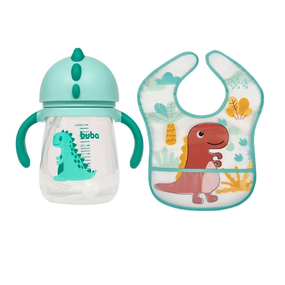 Kit Copo e Babador Para Bebe Infantil Crianças Água Suco Transição Treinamento Canudo E Válvula 240 ml Dino Buba
