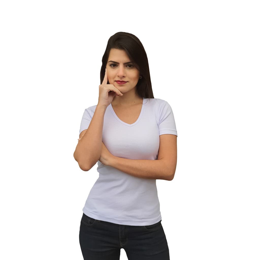 Camiseta Básica Feminina Branca Gola V Canelada Bu11 | Blusa Branca Baby Look Profissional da Saúde