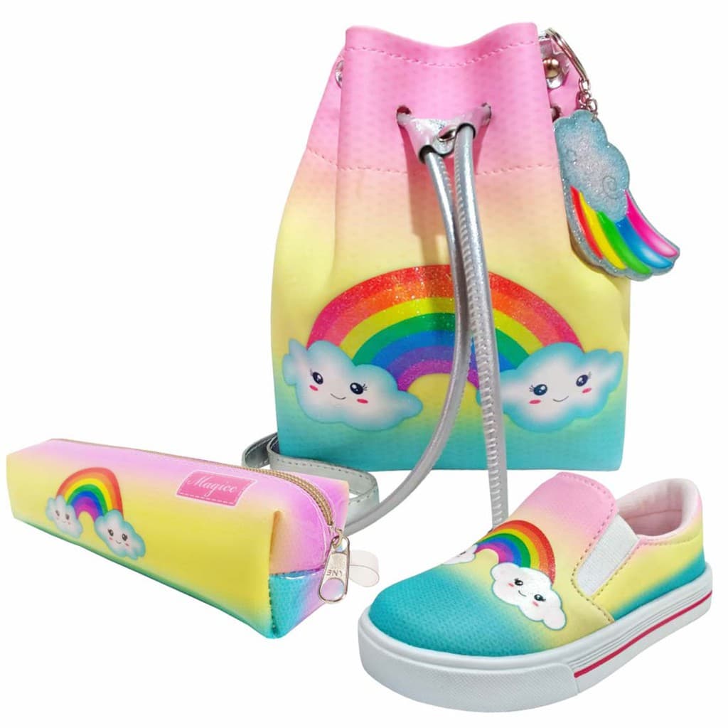 Kit Infantil Bolsa Infantil Tênis Infantil Feminino Casual e Estojo Arco-Íris Glitter Magicc Kids TBE-070