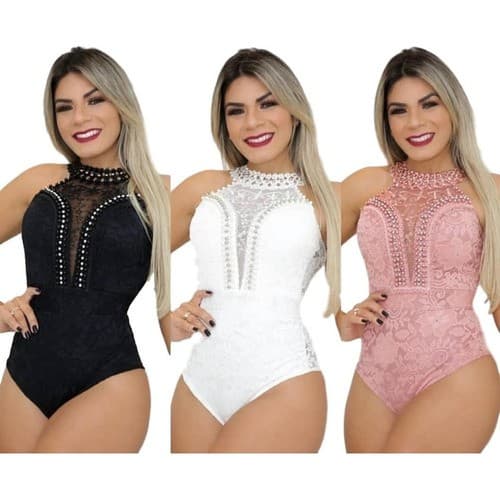 Body Renda Rendado Frente Única Decote V Pérolas E Guippir
