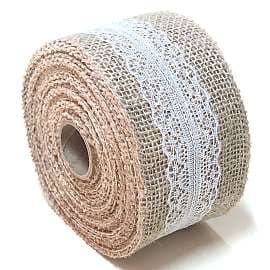 Rolo de fita de juta natural com renda branca 8cm de largura para artesanato, decoração festa