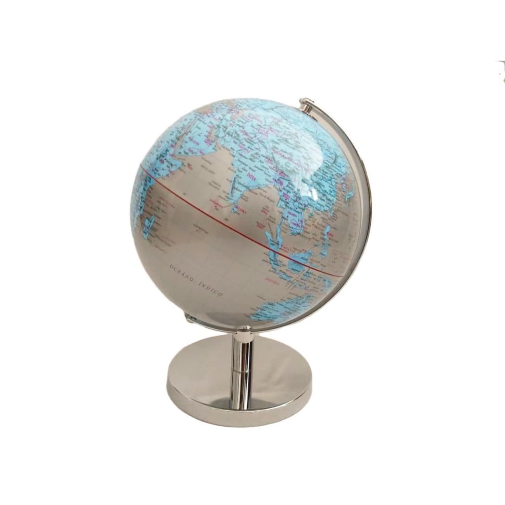 Globo Terrestre Azul E Prata Com Base De Metal 30cm