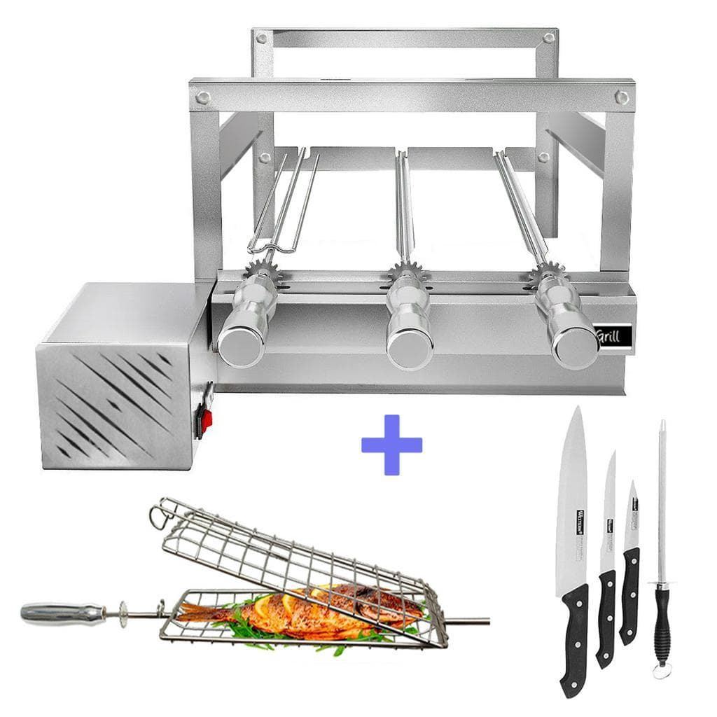 Churrasqueira Giratória Grill Inox Gira Soft Grill 3 Espetos + Espeto Grelha + Faca Lado Esquerdo