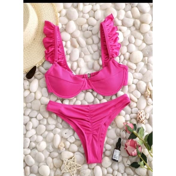 Biquíni Retrô  meia Taça Texturizado Retrô Azul/Rosa babadinho
