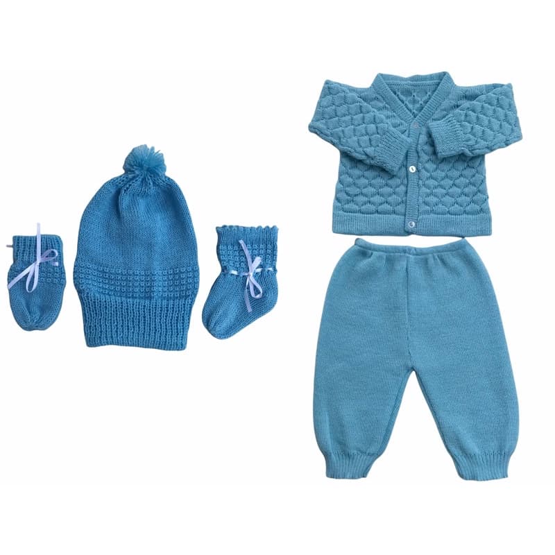 Conjunto Calça, Casaco, Kit Touca, Luva e Sapatinho Bebê Tricô Azul