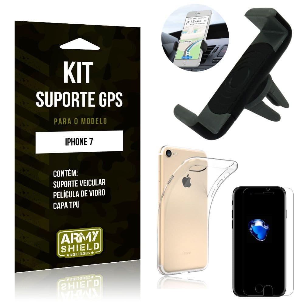 Kit Suporte Veicular Apple iPhone 7 Suporte + Capa + Película de Vidro - Armyshield