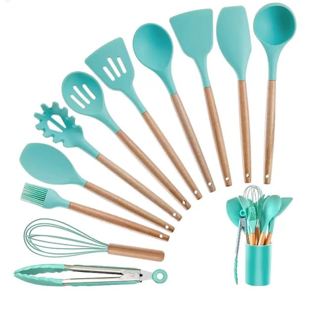 Conjunto 12pcs De Utensílios Em Silicone E Cabo De Madeira (Verde)