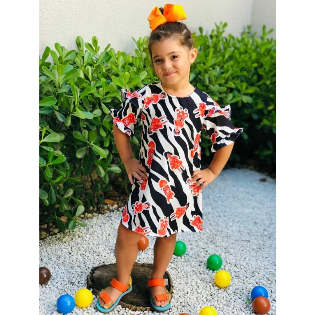 Vestido Infantil Manga Curta Estampa Bonecas