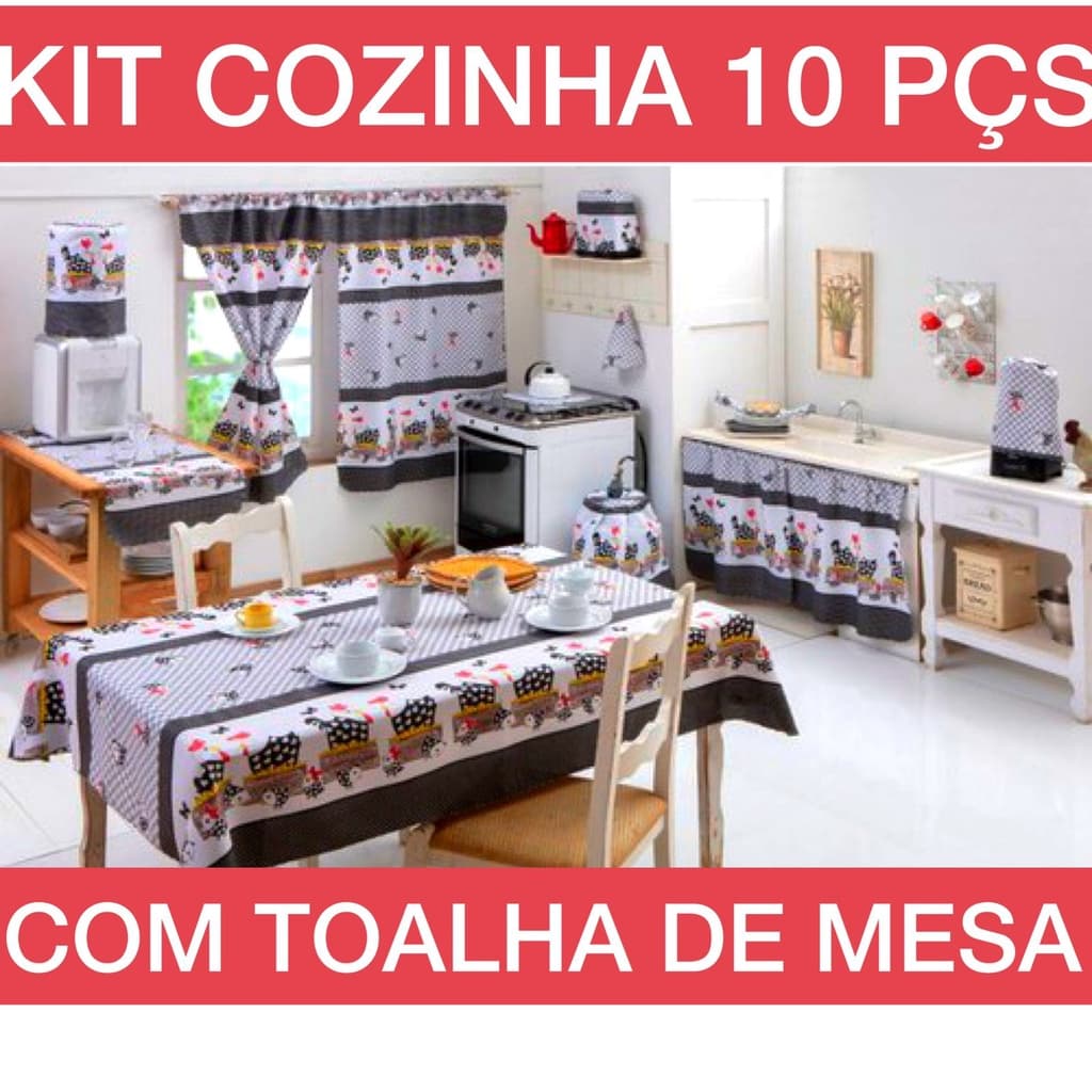 Jogo de Cozinha Completo 10 Peças Tergal com Cortinas Capas Toalha de Mesa 6 Cadeiras Estampado