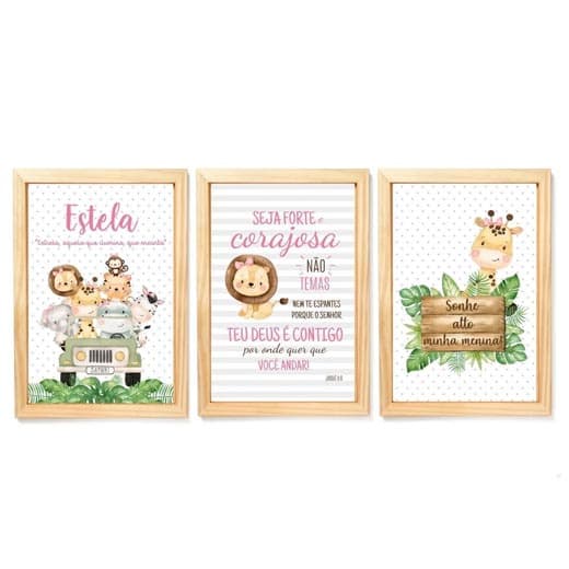 3 Quadros Decorativos Safari Baby Aquarela Menina Personalizado Bebe Infantil