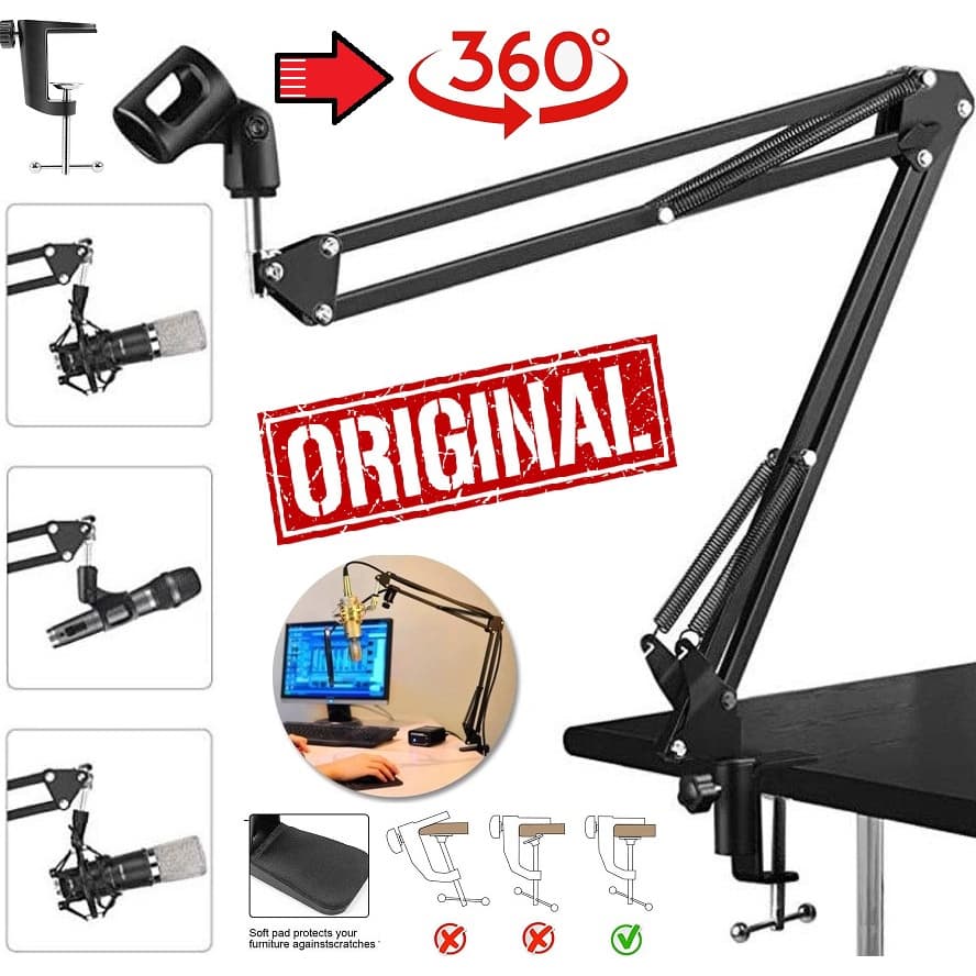 Braço Suporte Pedestal De Mesa Articulado Para Microfone Condensador Dinâmico Universal Estúdio Podcast Rádio Completo