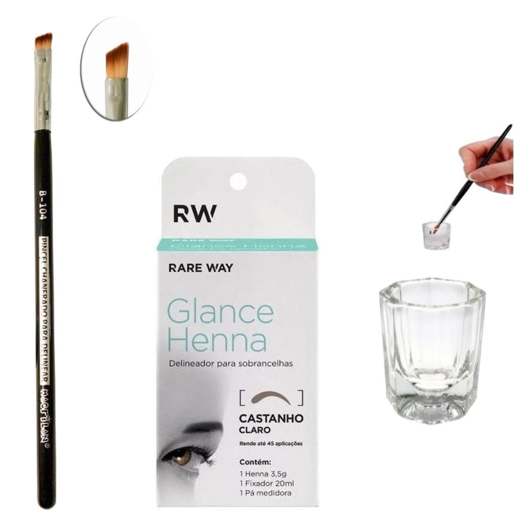 Kit Henna Glance Sobrancelha Pincel Chanfrado Macrilan e Dappen Vidro Profissional