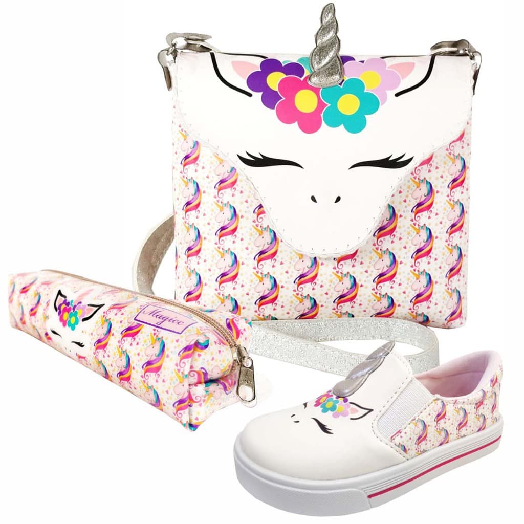 Kit Infantil Feminino Bolsa Infantil Tênis Infantil Feminino Estojo Unicórnio Feliz Magicc TBE-039