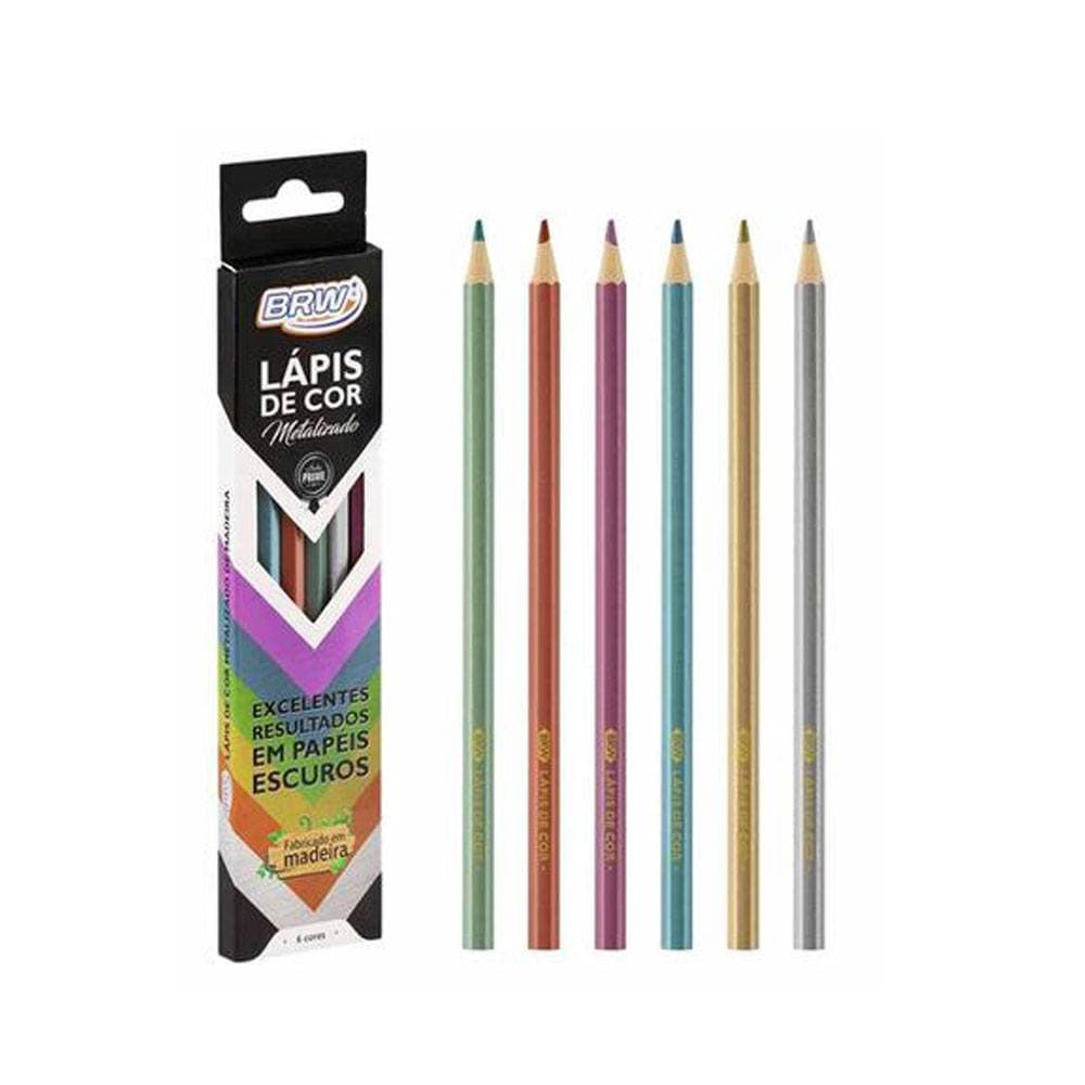 Lápis de Cor Metalizado 6 Cores BRW Macio Efeito Metálico Para Desenho Arte Escolar