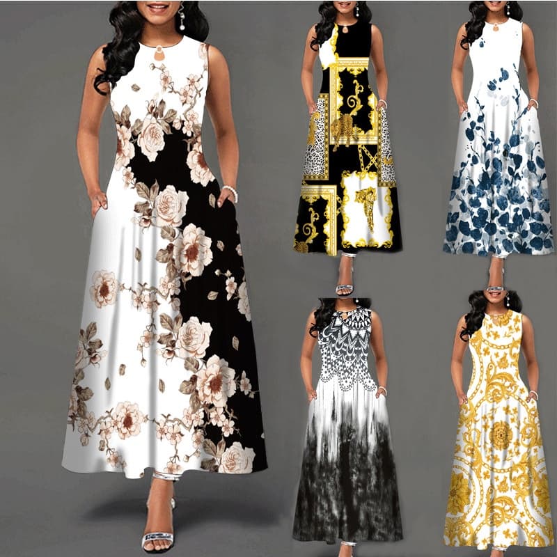 Vestido Longo Sem Mangas Feminino Estampado Grande Corte Boêmio Retro Confortável