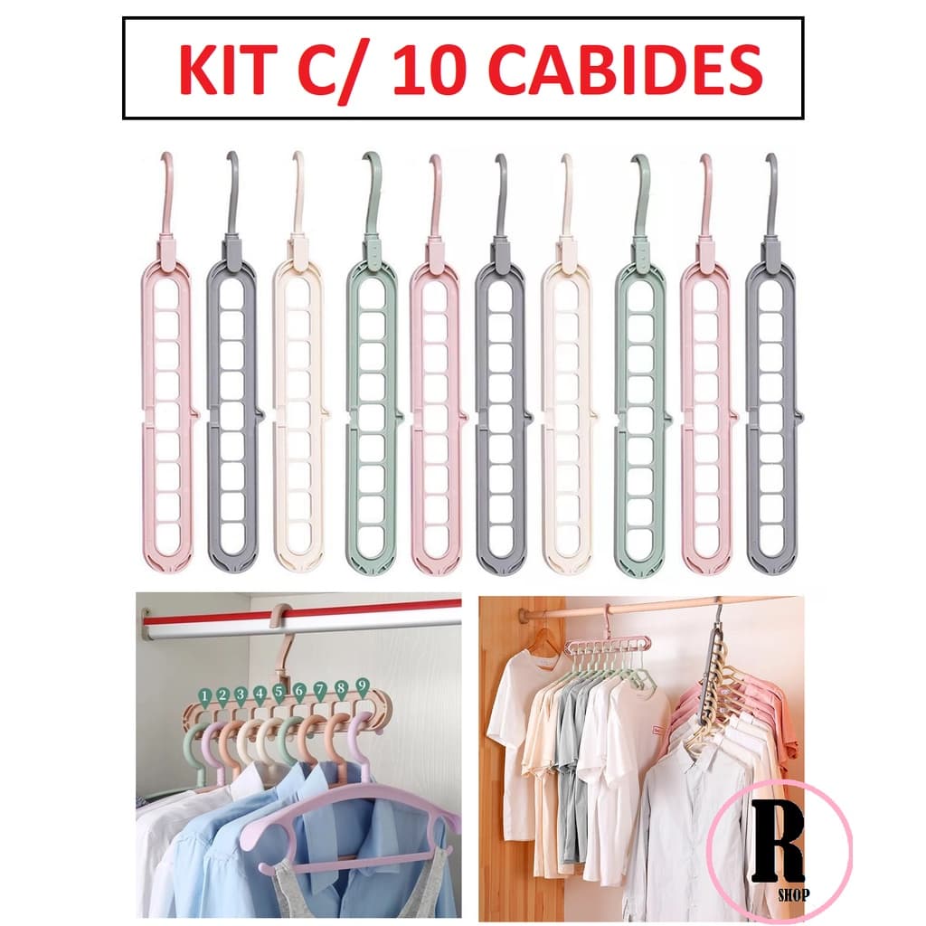 Kit 10 Cabides Organizador Roupas 9 Furos Multifuncional Guarda Roupa Arara Lavanderia Economiza Espaço