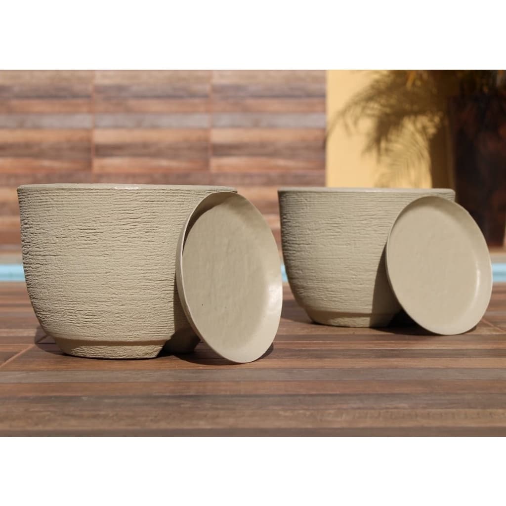 Kit com 2 Vasos de Planta Redondo Decorativo Bojo Escovado N1 26x20 com Prato