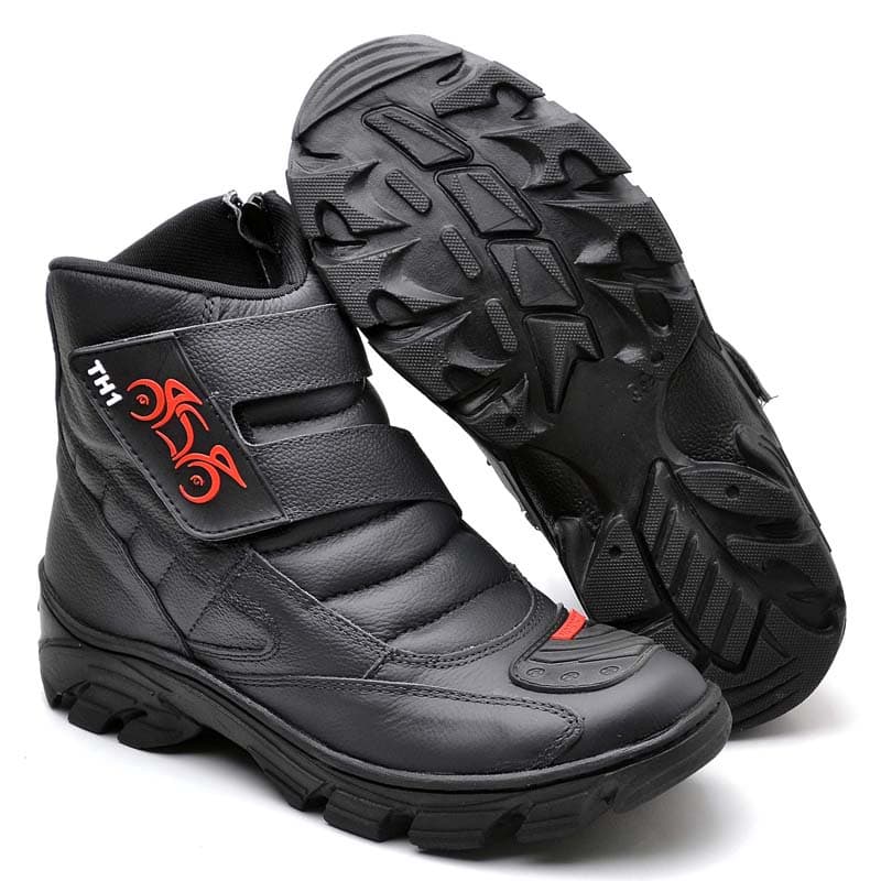 Bota Coturno Velcro Resistente a Entrada de Agua Conforto Motociclista Couro Semi Impermeável Preto Ref TH1