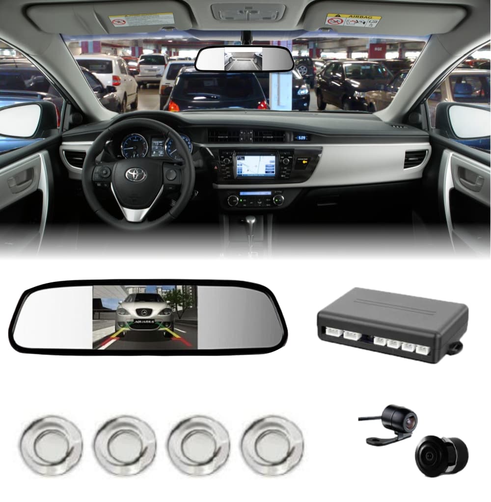 Kit Sensor De Estacionamento Prata + Camera Re + Retrovisor