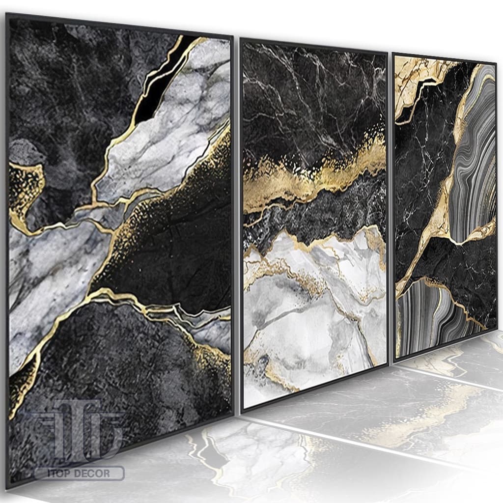 Kit 3 Peças Quadro De Parede Mosaico Mdf Mármore Abstrato Cores Neutras Conceitual Para Quarto Sala Escritório Moldura Top