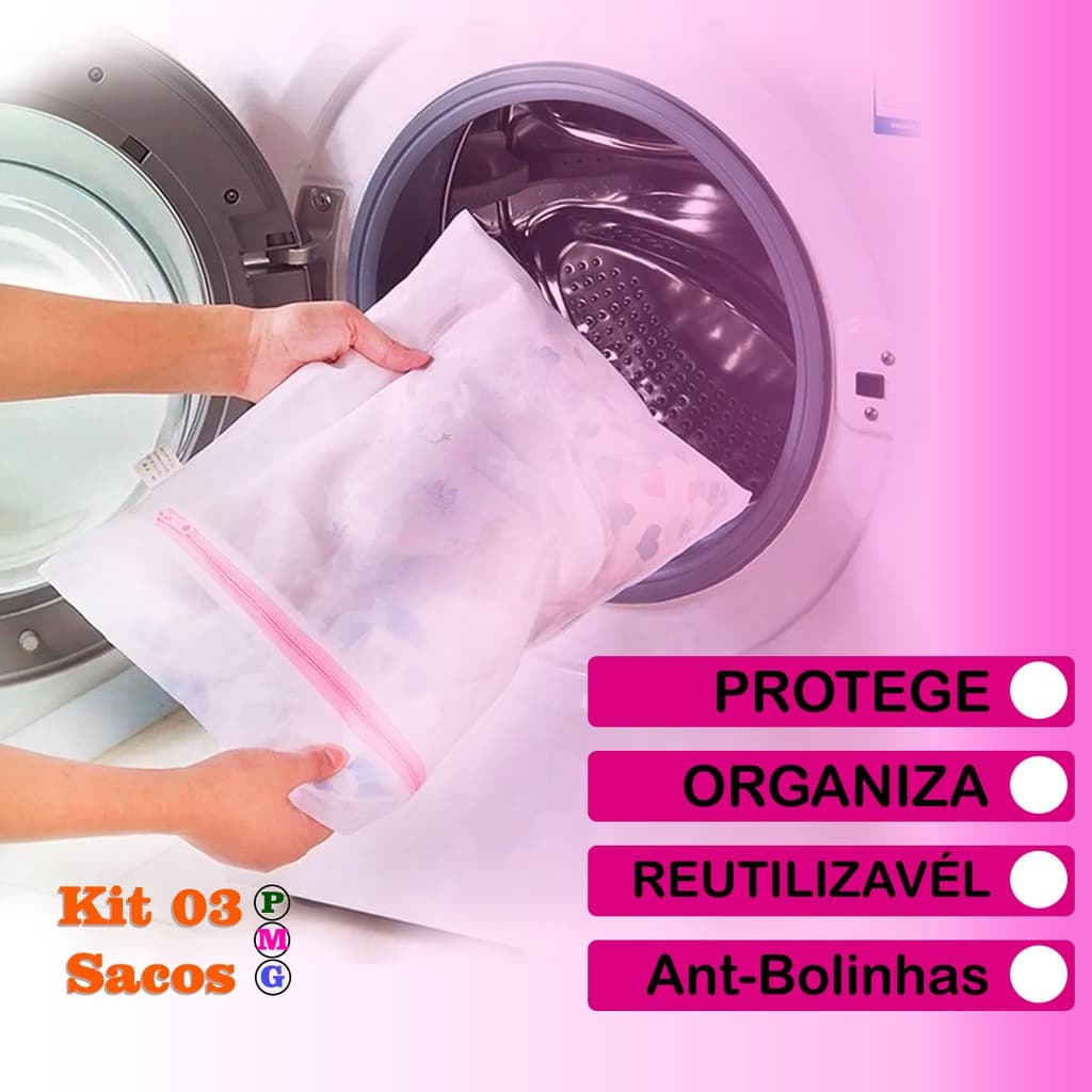 Saco Organizador Lavar Roupa Intima Delicada Em Máquina Kit 03 Tamanhos P M G
