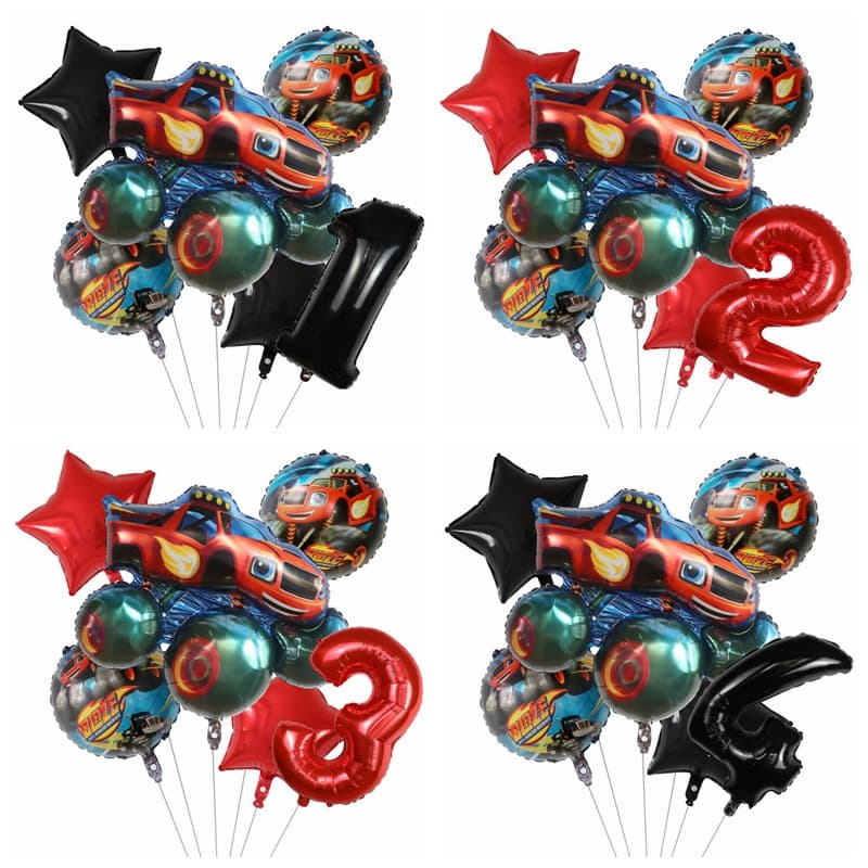 Conjunto de 6 peças Blaze monstro folha de alumínio balão esportes número do carro balão festa de aniversário decoração