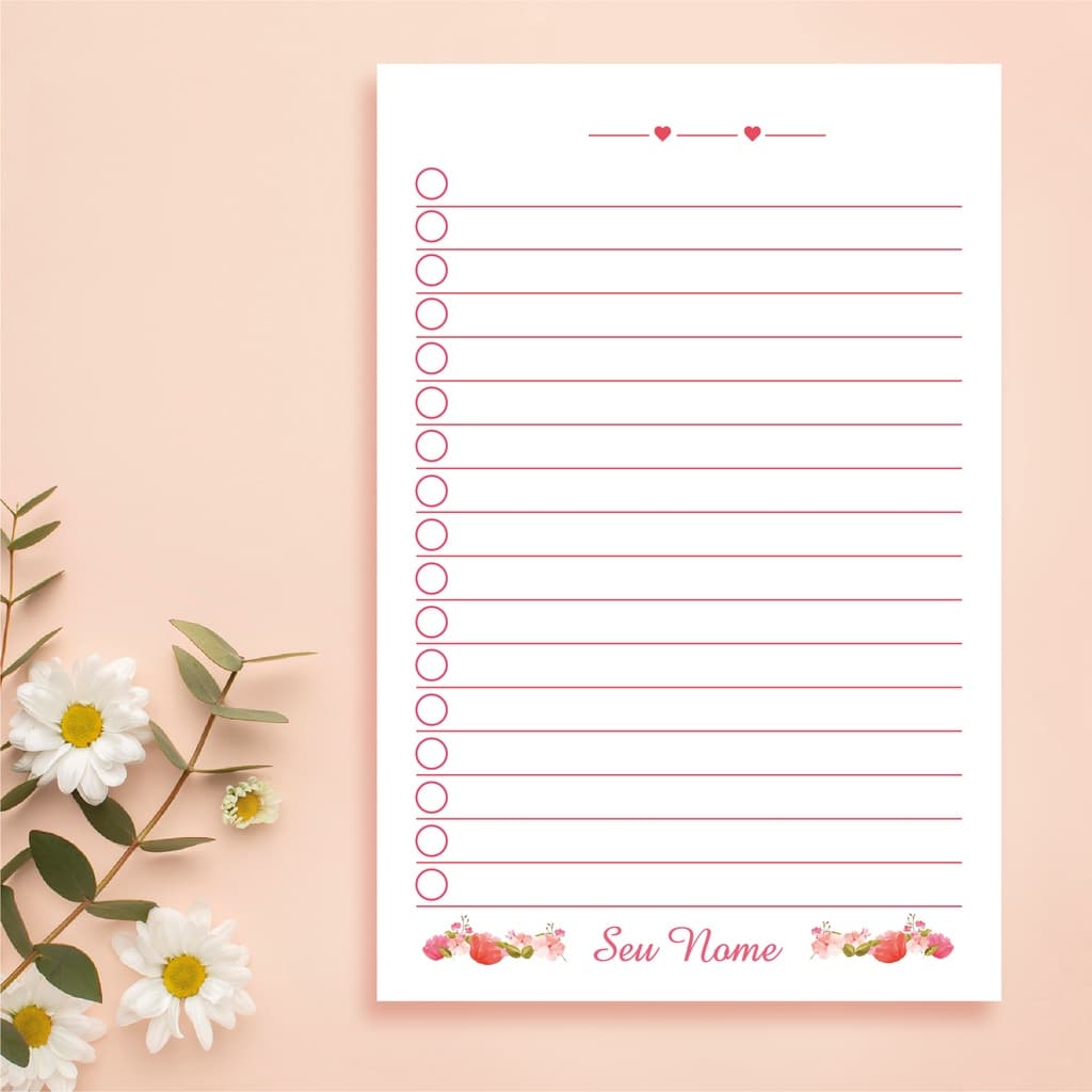 Bloco de listas destacável A6 Personalizado com Nome vermelho com flores - 30 páginas
