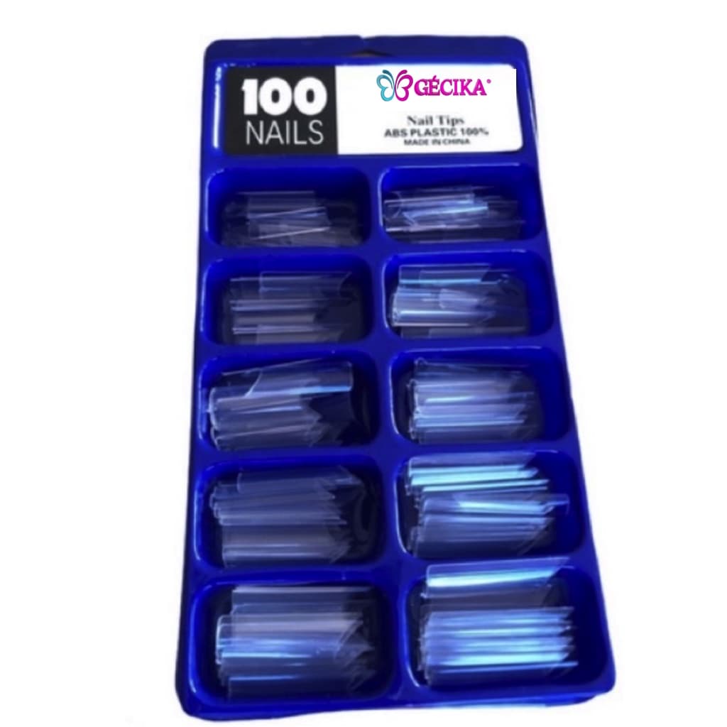 Kit 100 de unha tips curvatura c meio quadrado transparente ou natural Gecika
