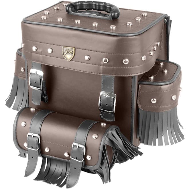 Alforge Traseiro (Bolsa) Custom 29 Litros Couro Sintético Marrom C/ Cravos e Franjas