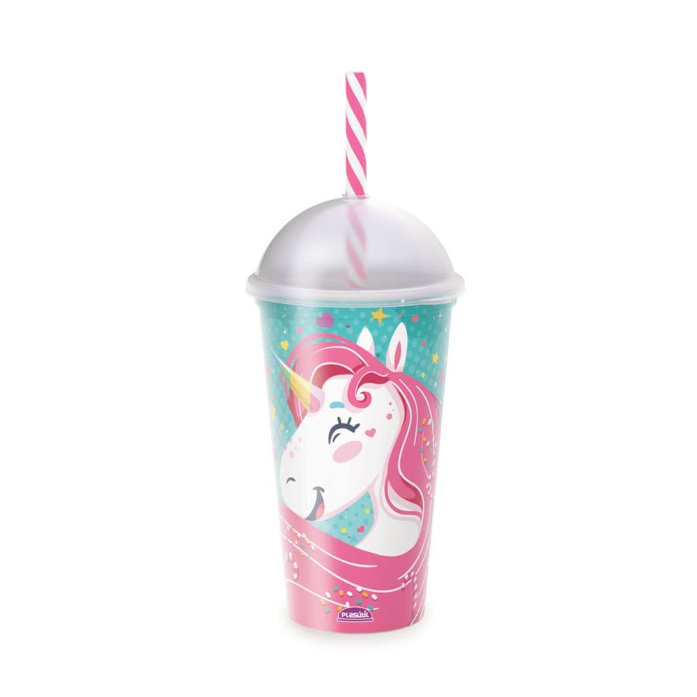 Copo Shake Plast 500ml C/canudo Unicornio