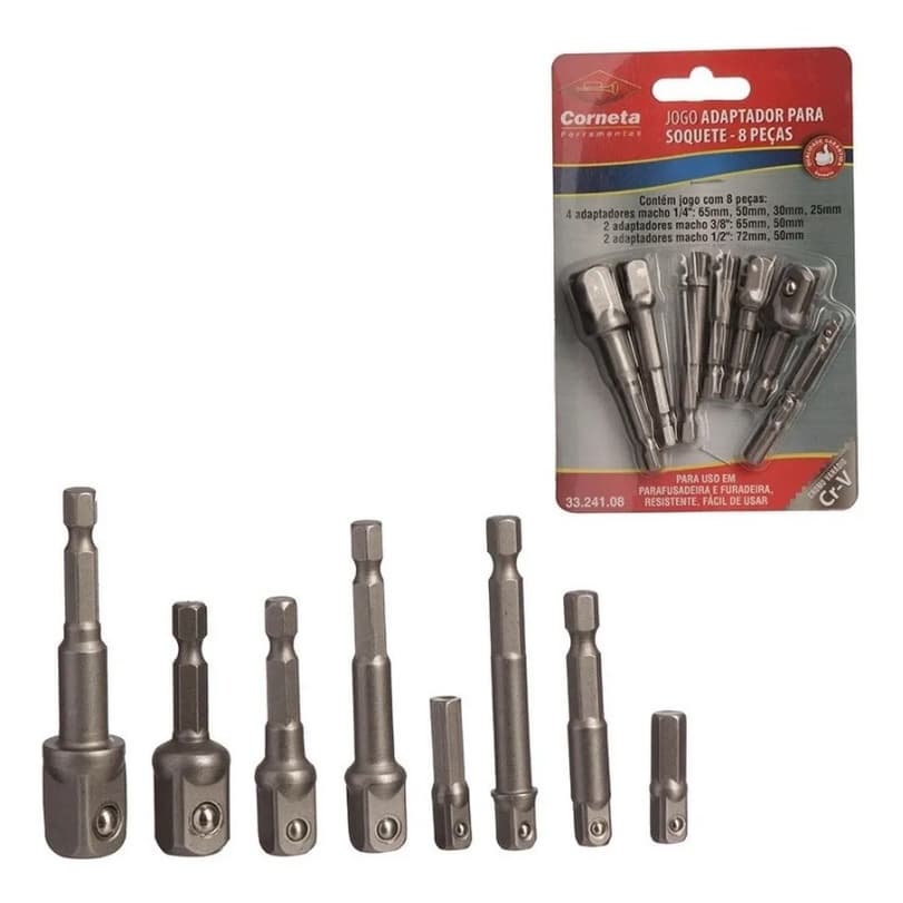 Kit 8 Adaptador Soquete Parafusadeira Furadeira 1/4 3/8 1/2 Corneta