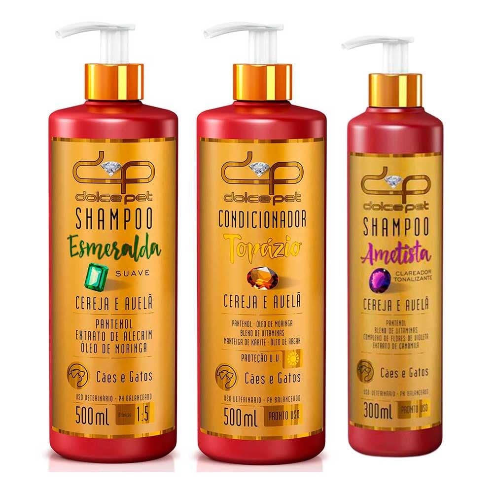 Kit Dolce Pet Shampoo Suave 500 ml + Shampoo Clareador 300 ml + Condicionador Cães e Gatos