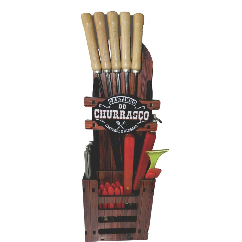 Porte espeto de churrasco com porta facas e porta talher Marrom